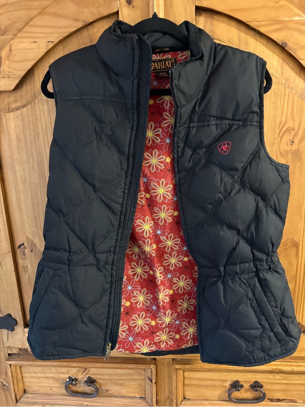 Ariat Black Puffer Vest with Red Floral Lining